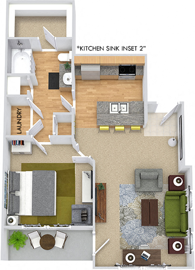 Floor plan for 1 bed, 1 bath, 745 sqft